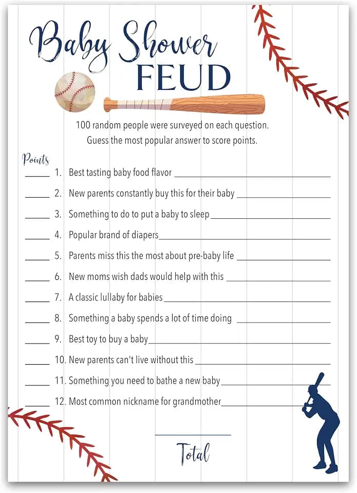 BASEBALL Baby Shower FEUD Game — Pack of 25 — Fun Shower Family Feud Games, Navy Blue BOY Baby Shower Activity, Rustic Sports Co-ed Couples Shower Fued Games Little Slugger theme G900-BSF