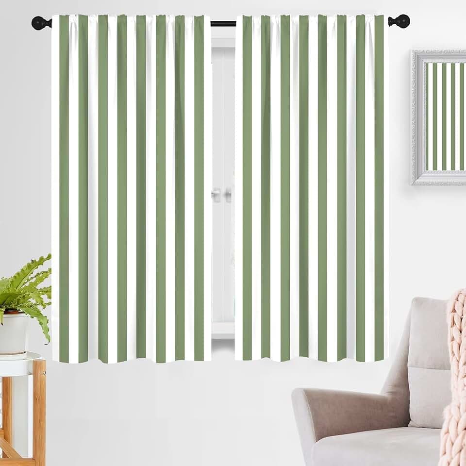 zokyer Green and White Window Curtain Striped Farmhouse Modern Vertical Cute Trendy Minimalist Retro Geometric 42" W x 63" L for Bedroom Living Room 2 Panels Rod Pocket Drapes