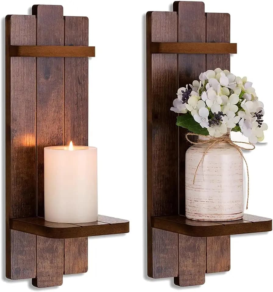 Wood Wall Candle Sconces Set of 2, Distressed Brown