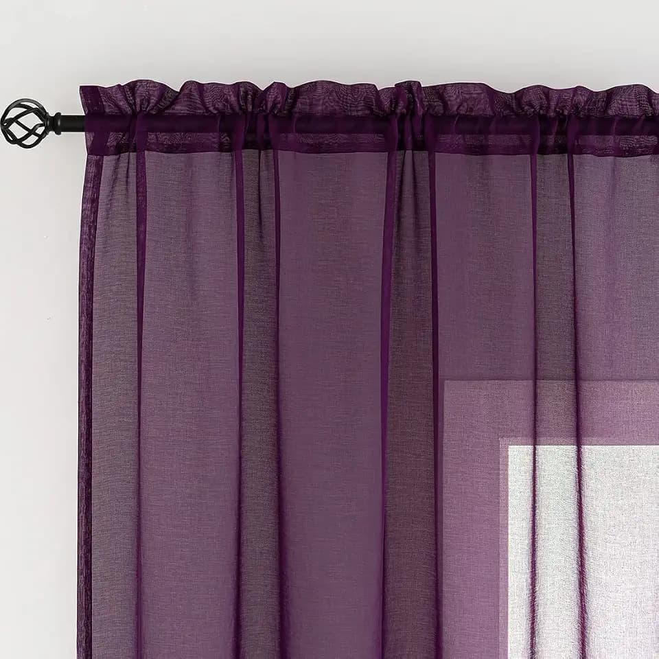 Sheer Curtains for Windows, Window Treatments Semi Crinkle Rod Pocket Sheer Privacy Curtains 63 inch Length 2 Panels Set for Living Room Bedroom Kitchen Babyroom Set of 2, 52"x 63", Purple