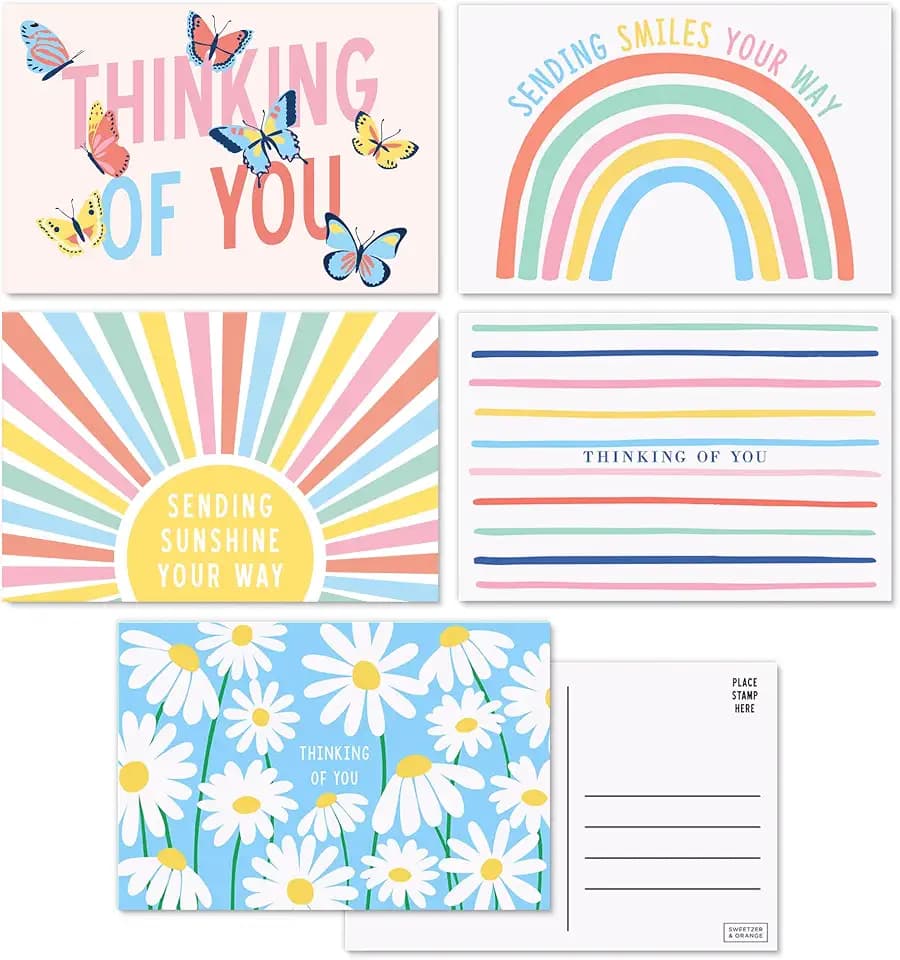 Sweetzer & Orange S&O Thinking of You Postcards Pack (60 cards) 4x6 Postcards for Kids and Adults. Assorted Blank Flyers, Sympathy coupons, Greeting Sheets. 300gsm Note papers.