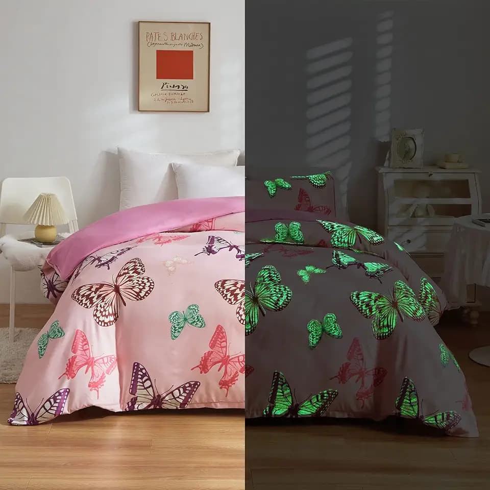Butterfly Glow in The Dark Duvet Cover for Girls Kids Pink Butterfly Queen Bedding Set Cute Bedroom Decor, Butterflies Comforter Cover Kawaii Animal Print Bed Set with 2 Pillowcases (No Comforter)