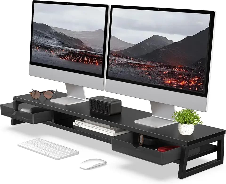 Fenge Dual Monitorständer Riser mit 2 PC Schublade,108cm,Schwarz