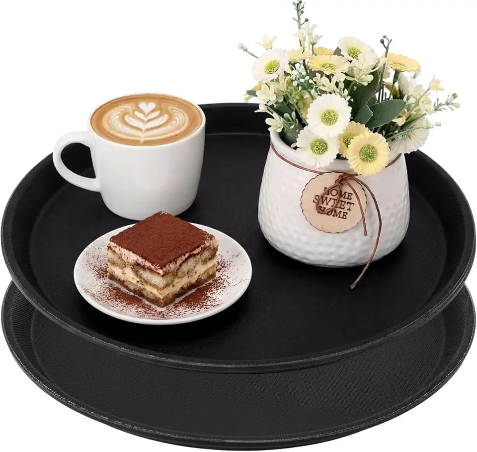 2 Pcs Black Restaurant Serving Trays Bulk, Round Tray, 16 Inch