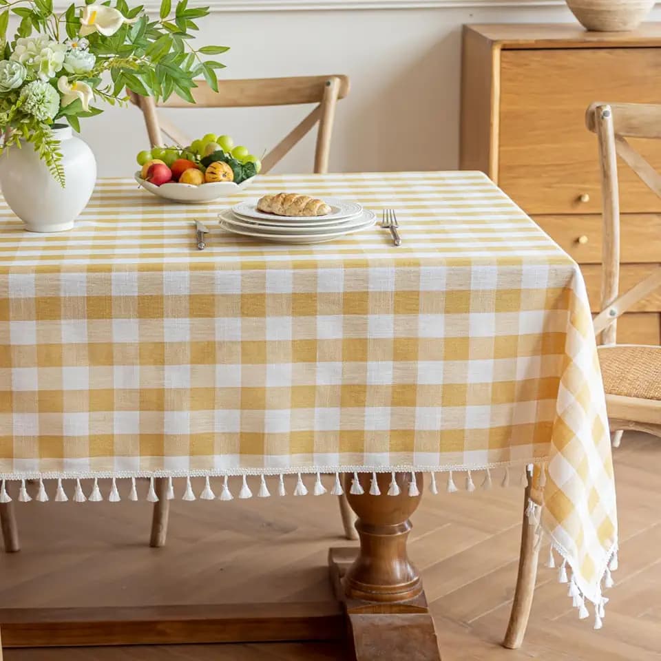 Alsoo Fall Checkered Tablecloth Rectangle Cotton Linen Fabric Gingham Table Cloth Buffalo Plaid Table Cover with Tassel Wrinkle Free Washable for Kitchen Dining Picnic, Yellow and White, 55X106''