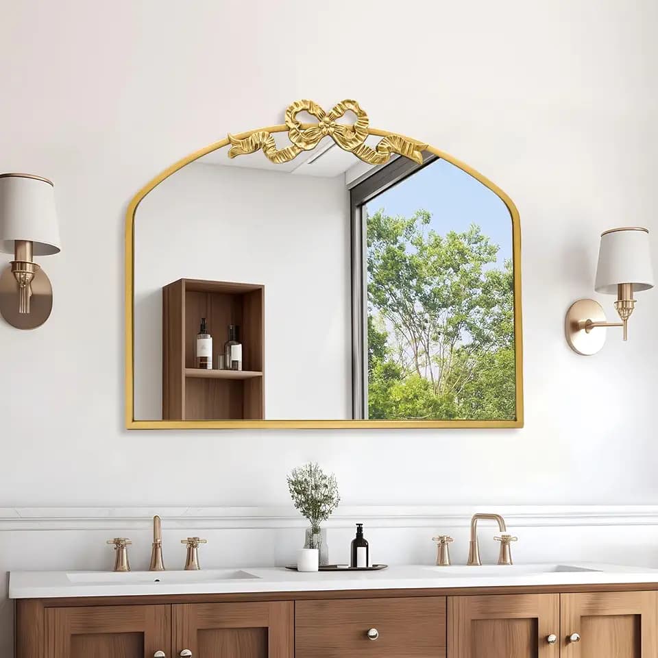 Vintage Arched Gold Bow Mirror: 28"x34"Large Wall Mirror for Vanity