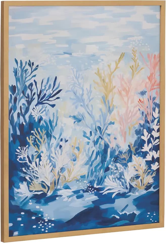 Kate and Laurel Underwater Ocean Landscape Framed Wall Art by The Creative Bunch Studio; 16x20 Gold; Tropical Coral Reef Art for Wall