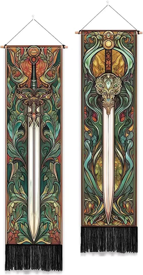 PLIGREAT 2 Pack Fantasy Weapons Vertical Tapestry Swords Aesthetic Wall Hanging for Bedroom Bathroom Living Room Vintage Long Narrow Wall Hanging Dorm Room Home Art Decor