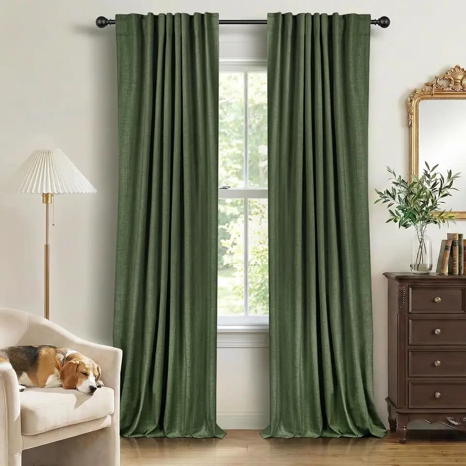 Faux Linen Total Blackout Curtains for Bedroom 63 Inches Long, Moss Green