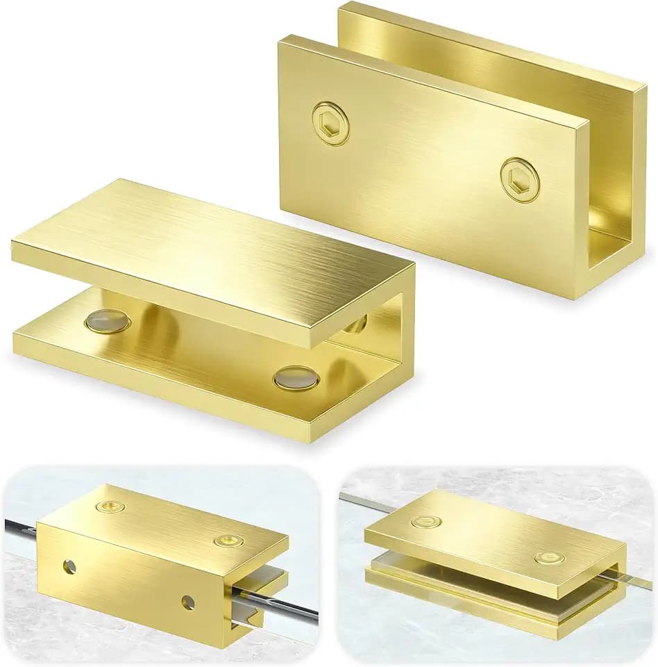 Ranbo Solid Brass Glass Shelf Brackets, U-Shaped Wall Mount Clamps, 2-Pack