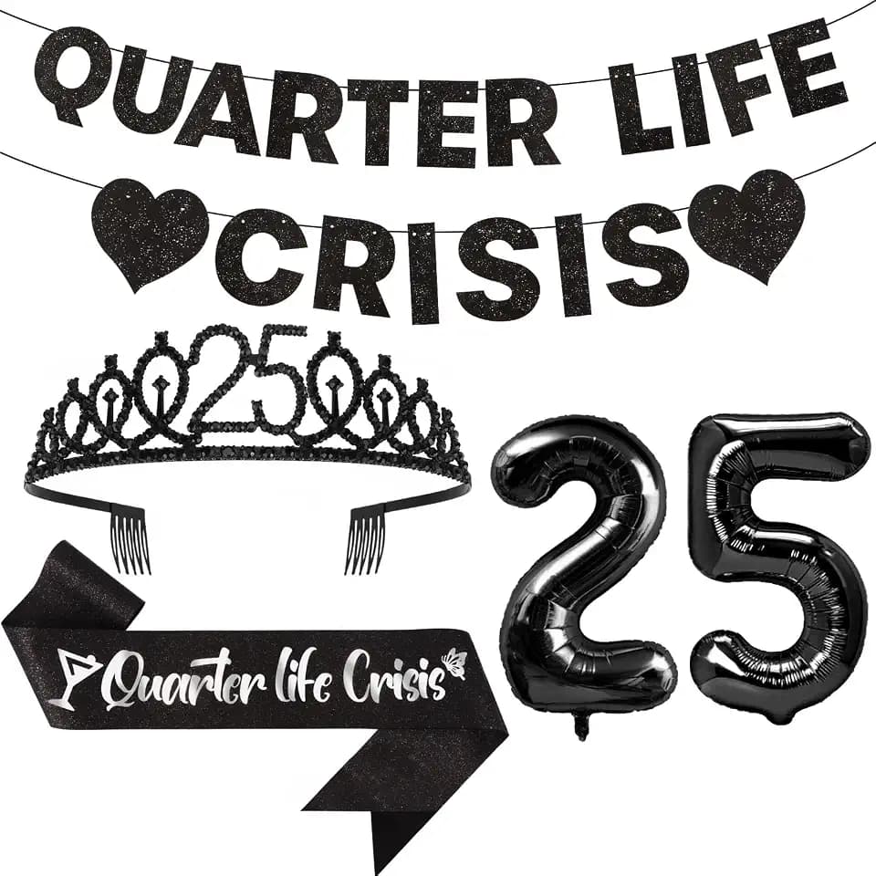 25th Birthday Decorations for Women, Quarter Life Crisis Birthday Nanners Decorations, 25 Balloon Numbers, 25th Crown Tiara and Sash for Women Party Supplies
