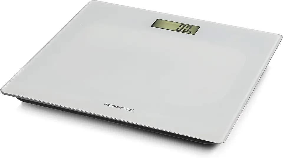 EMERIO digitale Personenwaage mit präzisen Sensoren, Step-On-Technik, inkl. 2x AAA Batterien, LC-Display, Einheiten in kg/lb/st, bis max. 180kg, Ultraschlank, Auto Off, Glas Weiß, 28x28x2cm