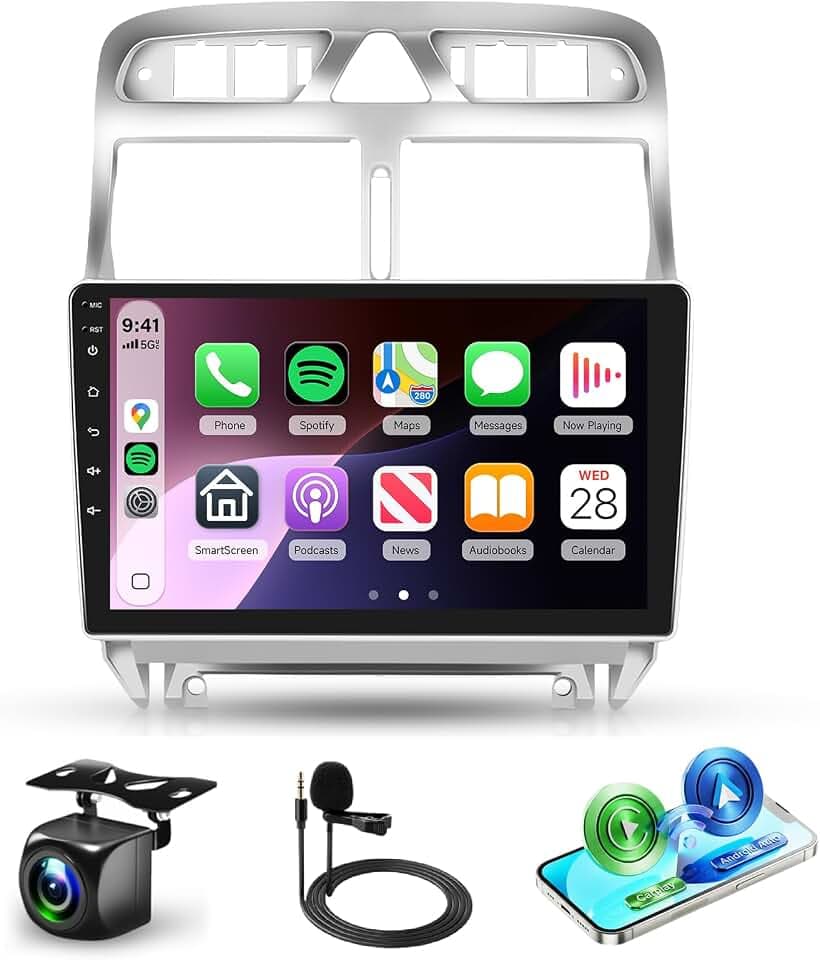 8 Core Autoradio für Peugeot 307 2002-2013, 9 Zoll Android 15 Radio mit Wireless CarPlay & Android Auto, 4GB+64GB, IPS Touchscreen, GPS Navi, DSP, Bluetooth, WiFi, Mirror Link, Rückfahrkamera