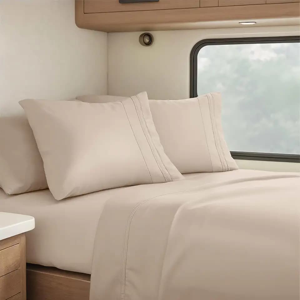 Clara Clark RV Queen Sheets, 6 Piece RV Sheets Set - Hotel Luxury Sheets for RV Bunks, Super Soft Bedding Set, Short Queen,Beige Cream