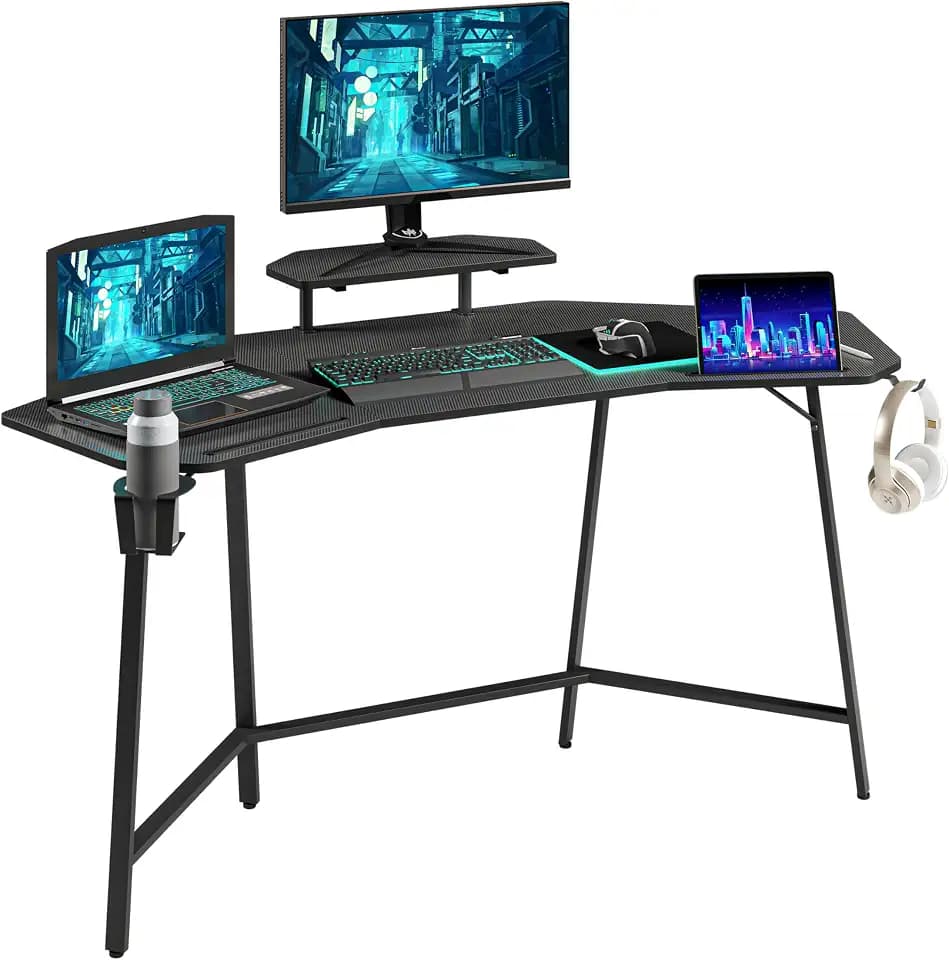 Techni Sport 63" Gaming Desk with Monitor Shelf, Headset Holders, Black