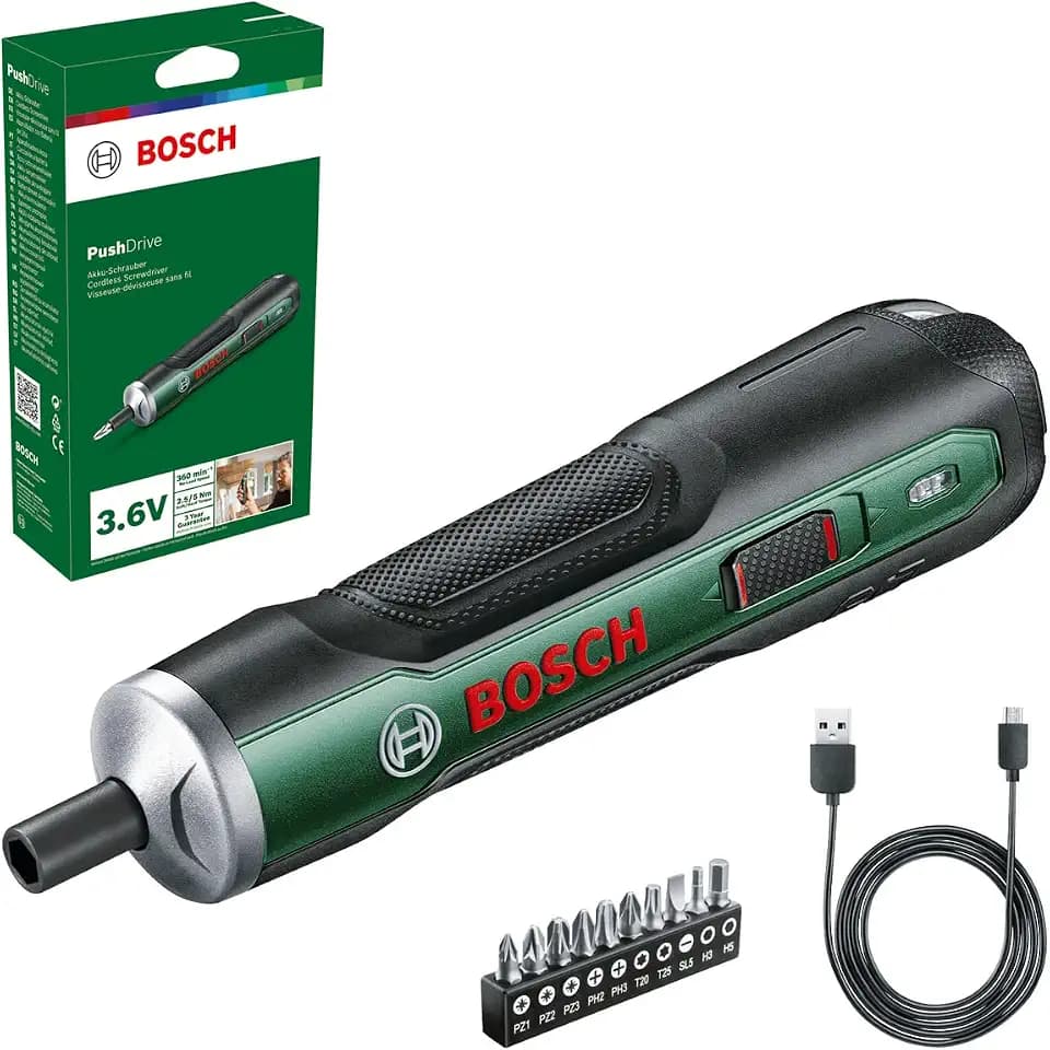 Bosch Akkuschrauber PushDrive Starter Set (3,6V; 1,5Ah; 5,0 Nm; 10x Schraubendreher-Bits; mit Mikro-USB-Kabel; im Karton)