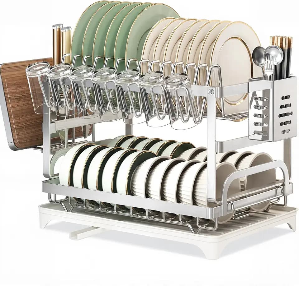 LemonRoad 2 Tier Dish Drying Rack Set Large Capacity Stainless Steel Dish Drainer Rack for Kitchen Counter Removable Plate Strainer Shelf with Drain Board Utensil Holder Drain Spout Cup Holder, Sliver
