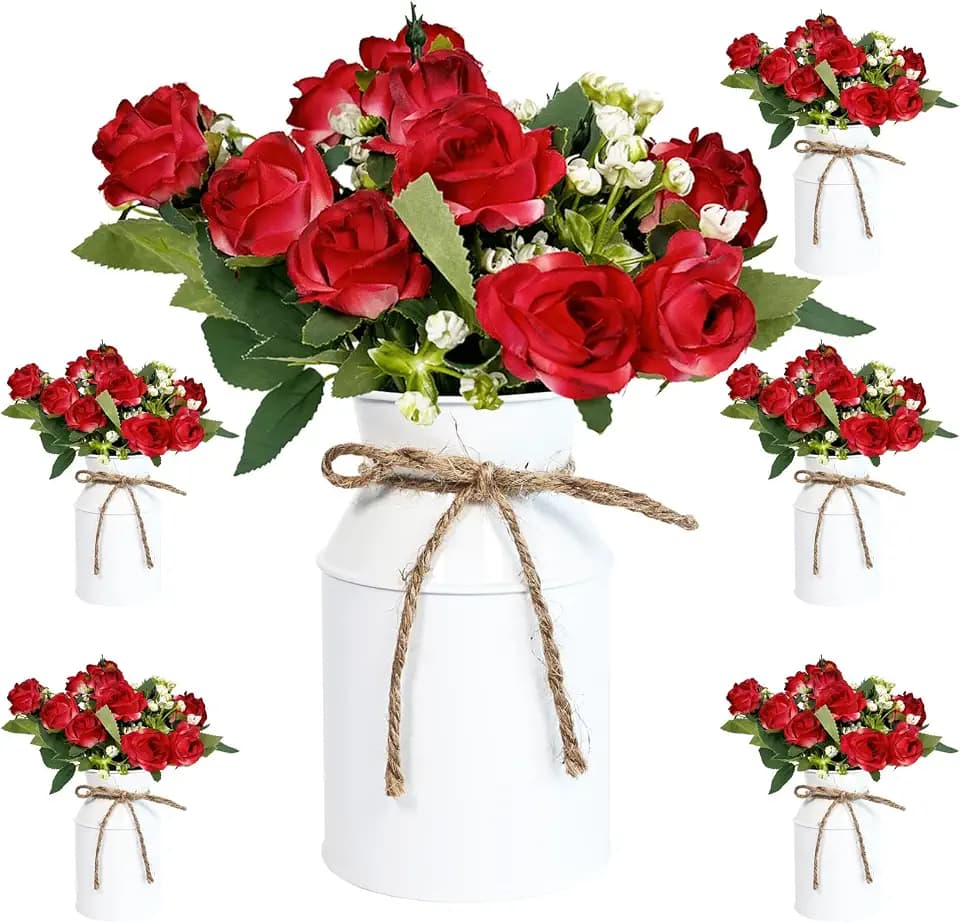 Artificial Rose Centerpiece with Metal Vase, 6 Sets, White & Red