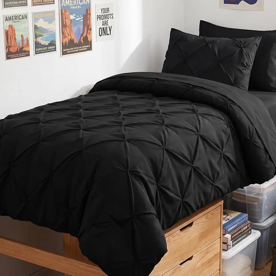 HIMEET Twin Comforter Set Black - 5 Pieces Pintuck Bed in a Bag