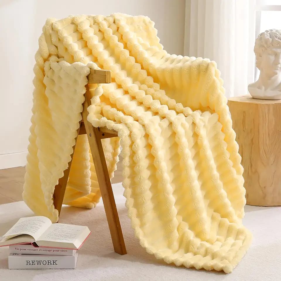 Excervent Solid Striped Flannel Fleece Blanket (50x70 inches, Light Yellow) Cozy Throw Blankets for Couch Sofa and Bed, Super Soft Luxurious Warm Blankets for Household Living Room Bedroom
