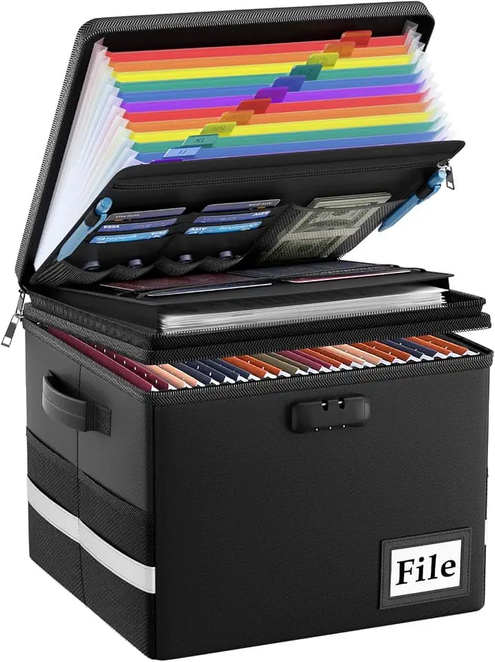 ENGPOW Fireproof Document Box with Locks and Accordion File Folder,Black