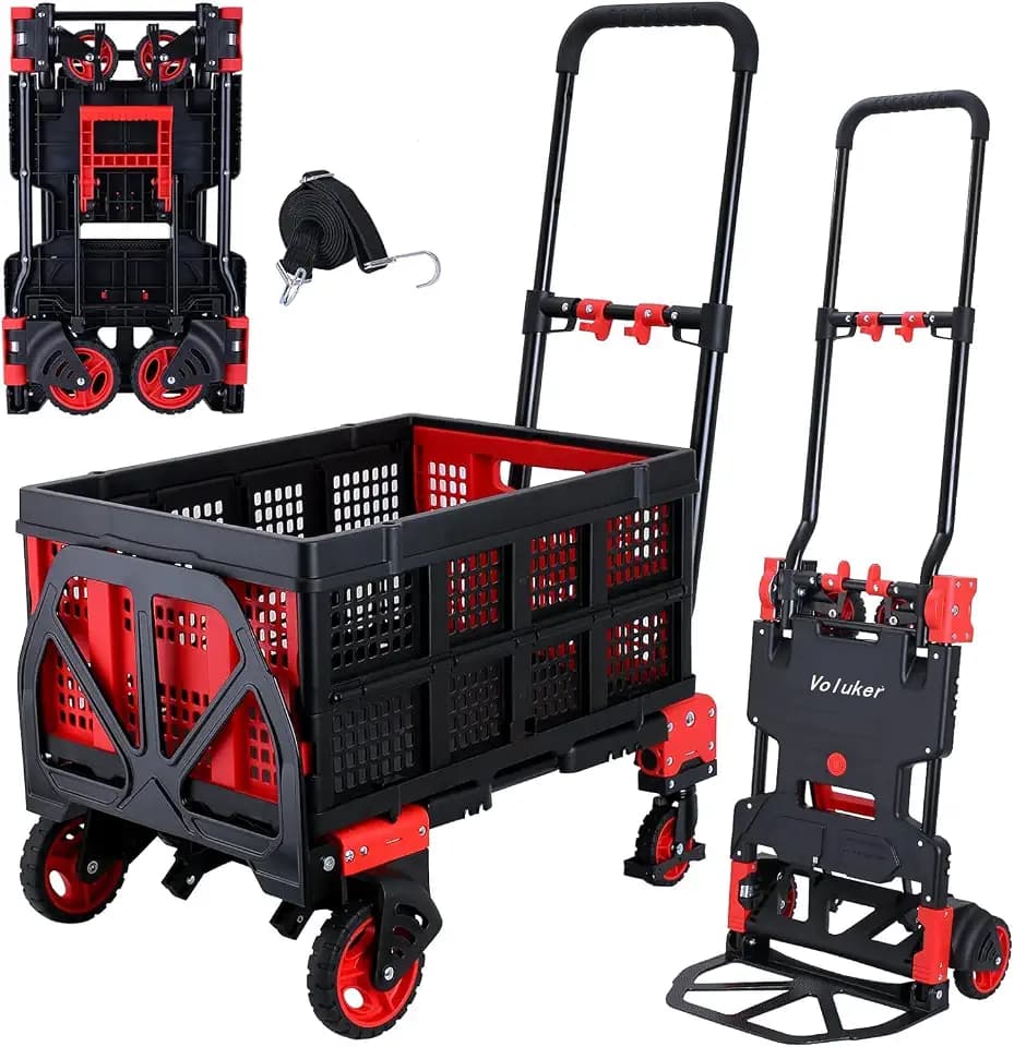 2-in-1 Foldable Hand Truck Dolly, 330lb Cart with Folding Basket, Red