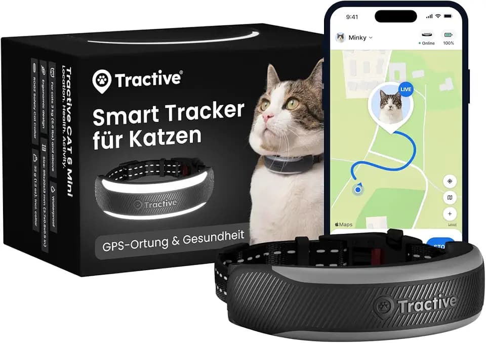 Tractive Smarter Katzen GPS Tracker Mini | Modell 2026 | Marktführer | Live-Ortung | Gesundheitswarnungen & Vitalwerte | Sicherheitsverschluss | Integriertes Halsband (Schwarz)
