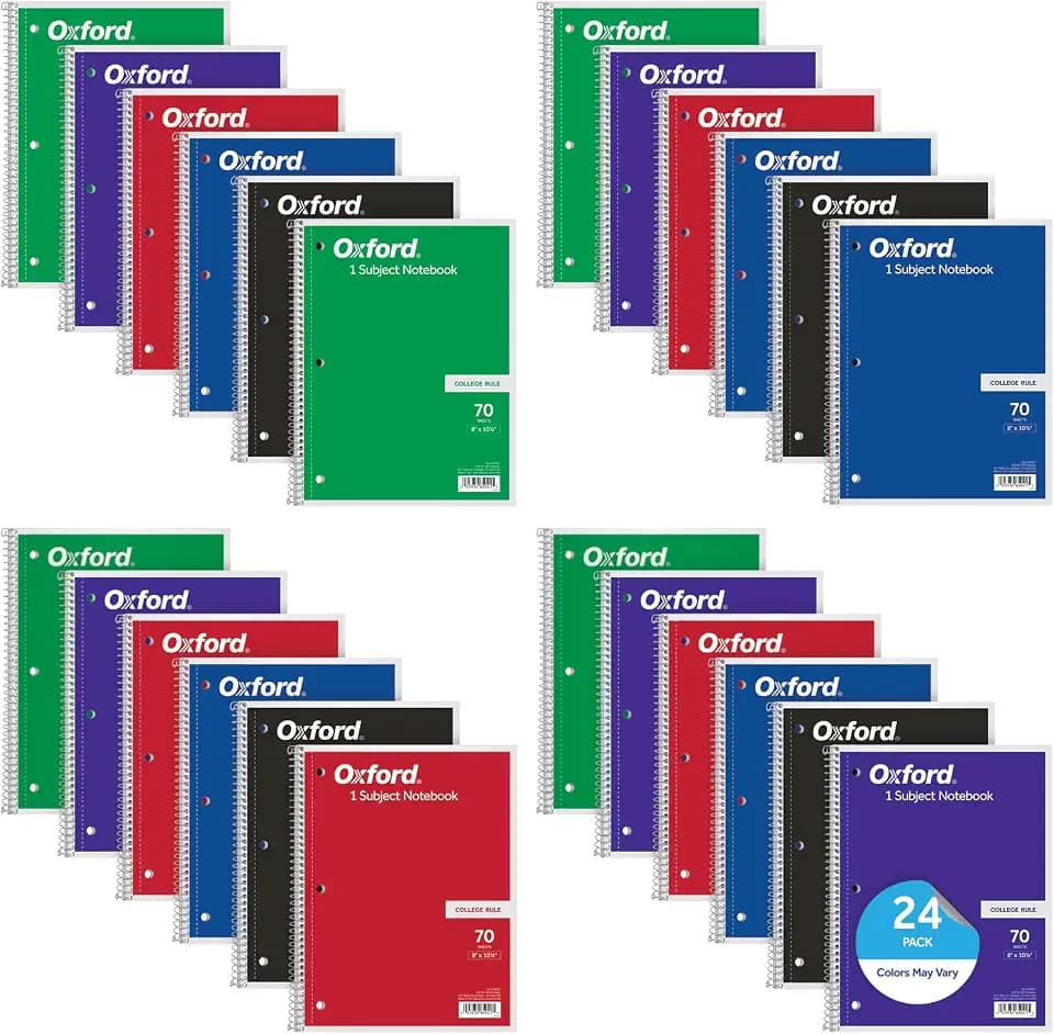 Oxford Spiral Notebooks, Bulk College Ruled Spiral Notebooks for School, 1-Subject, College Ruled Paper, 70 Lined Sheets, 24 per Pack, 3-Hole Punch, Colors May Vary (65021)