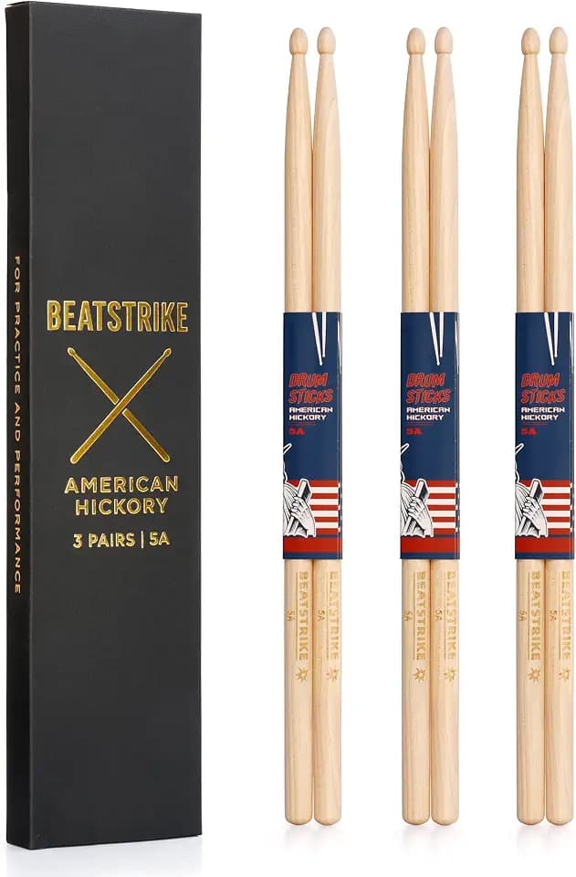 5A Drumsticks – American Hickory – 3 Pair Pack – Durable, Well-Balanced Drum Sticks for Practice, Studio & Live Performance – BEATSTRIKE