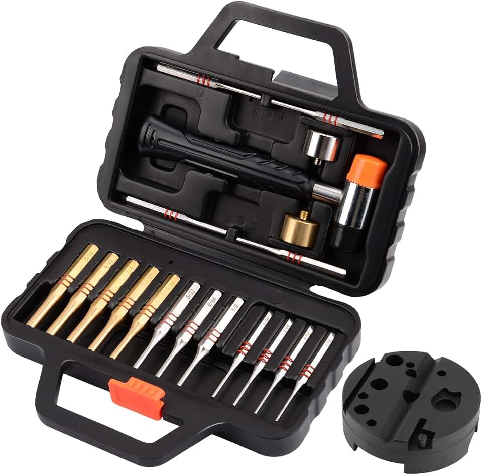 Pridefend Punch Set,Brass Punch Set and Roll Pin Punch Set Made of Solid Material Including Steel Pin Punch Set and Bench Block, Hammer with Detachable Heads,Punch Set with Portable Storage Case