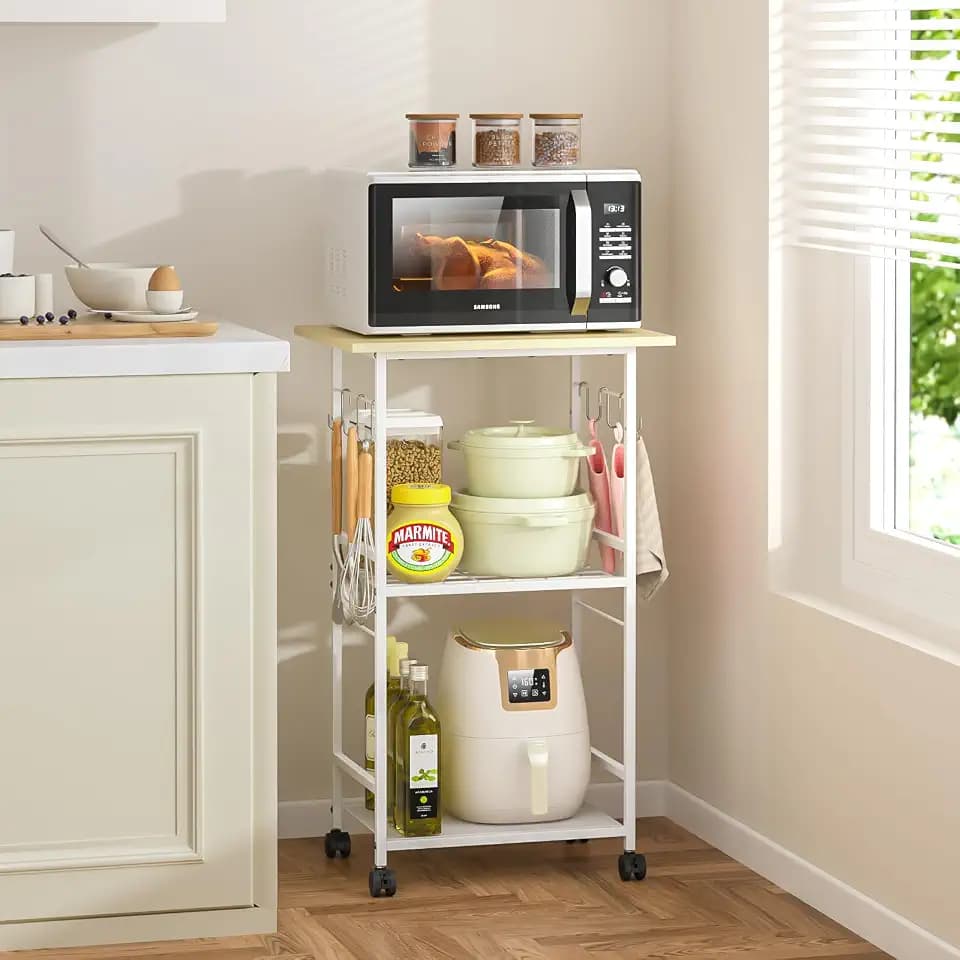 ThreeHio Rolling Kitchen Microwave Cart, 3 Tier Microwave Table Stand with Adjustable Shelf, Kitchen Storage Rack on Wheels, Coffee Station Cart Rack Shelf Organizer for Living Room Office, Balcony