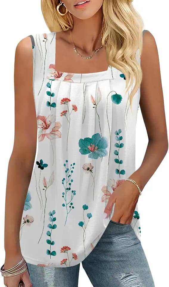 KTILG Summer Square Neck Sleeveless Tops Flowy Pleated Tunic Tank Tops for Women Loose Fit S-3XL