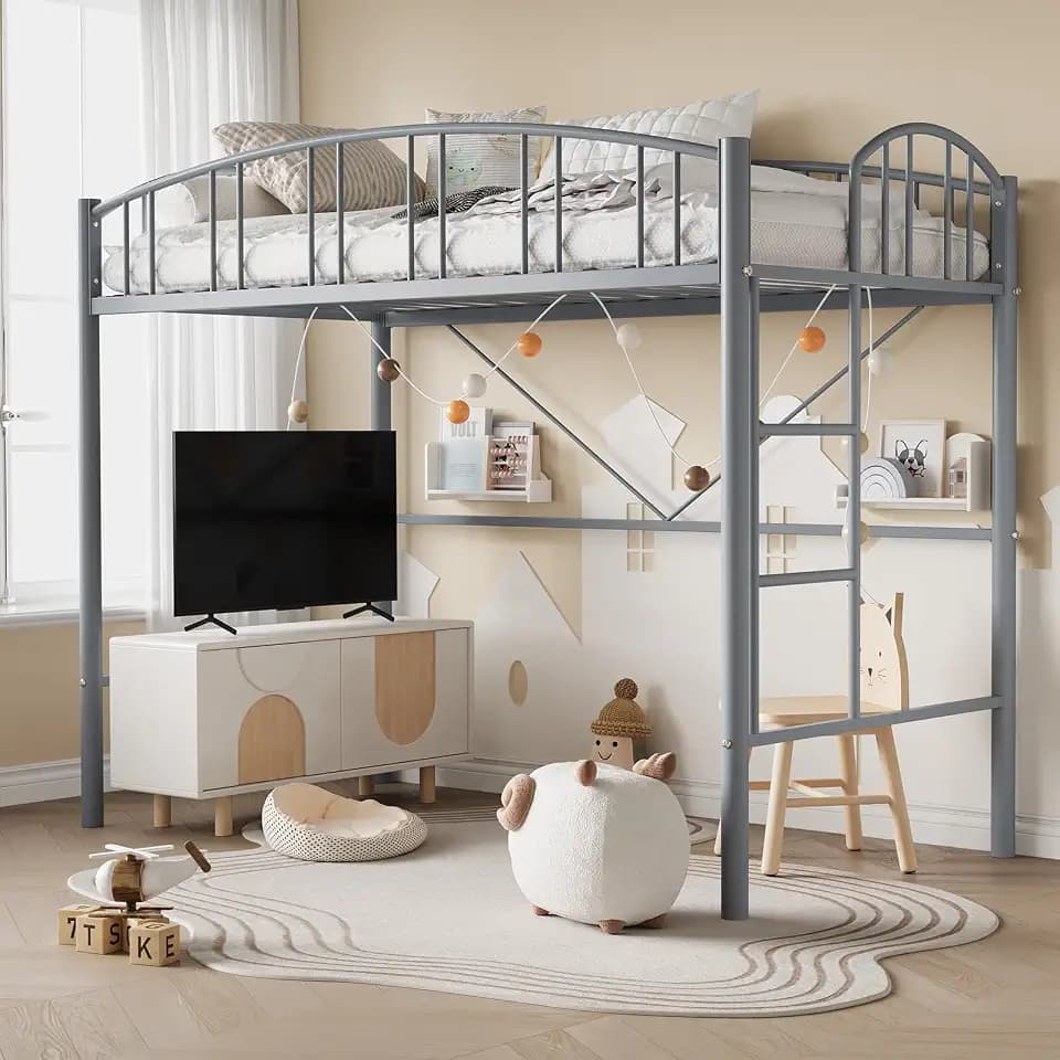 GarveeHome Loft Bed Twin Size with Arched Guardrail and Safety Ladder