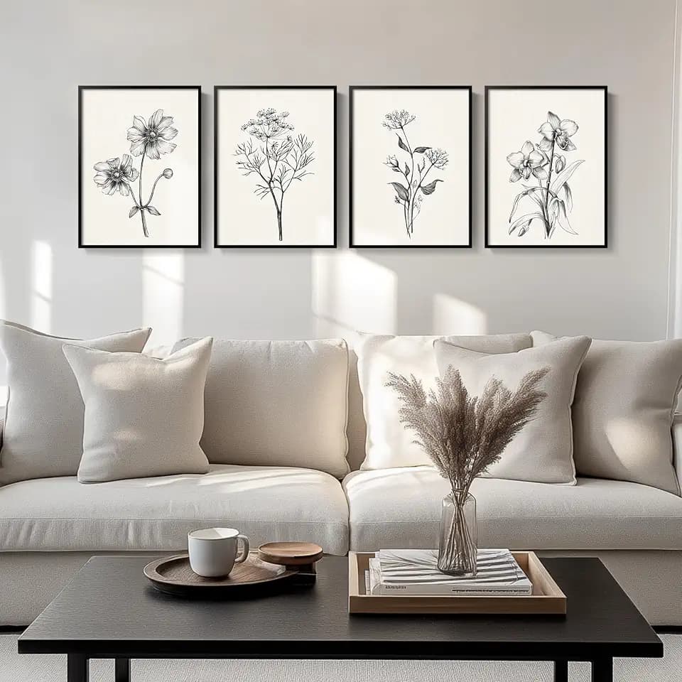 Framed Black and White Floral Wall Art for Living Room, 4 Piece 12x16 In