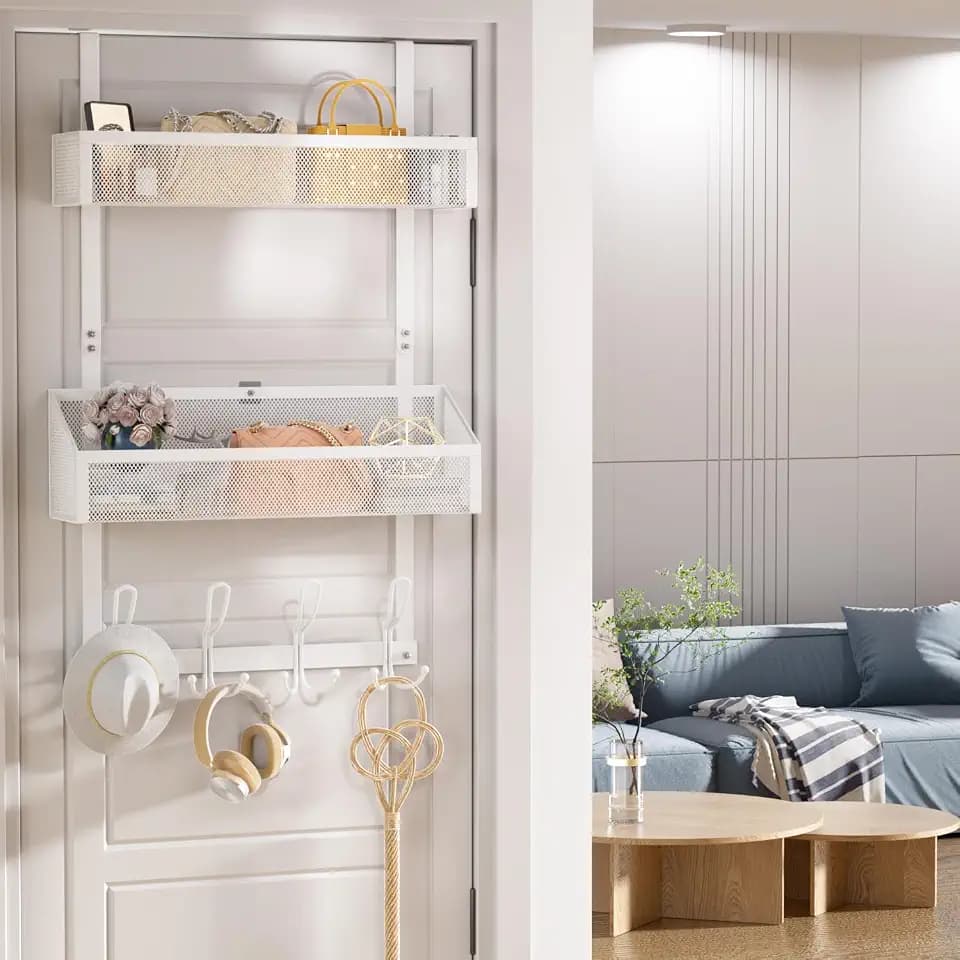 Over Door Hook Organizer 12 Hook Over The Door Organizer with 2 Mesh Baskets Space-Saving Hanging Rack for Towels, Coats & Pantry Items, Heavy Duty Metal Storage for Bathroom, Kitchen & Bedroom, White
