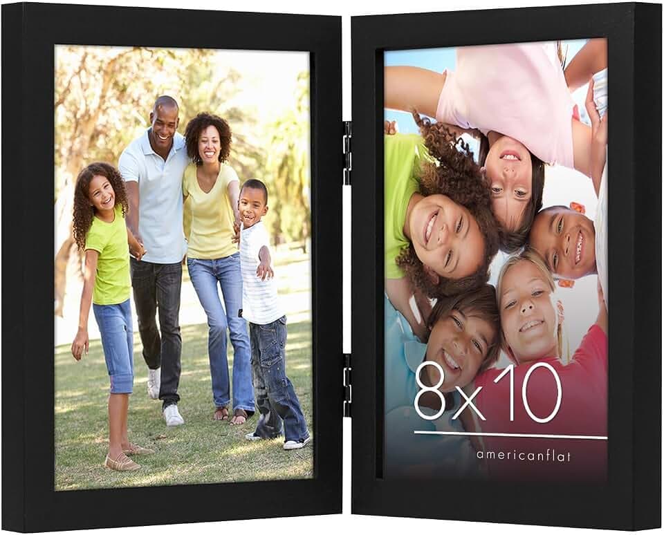 Americanflat Hinged 8x10 Picture Frame with Shatter-Resistant Glass - Double Picture Frames with Engineered Wood - Signature Collection - Photo Frame for Tabletop Display - Black