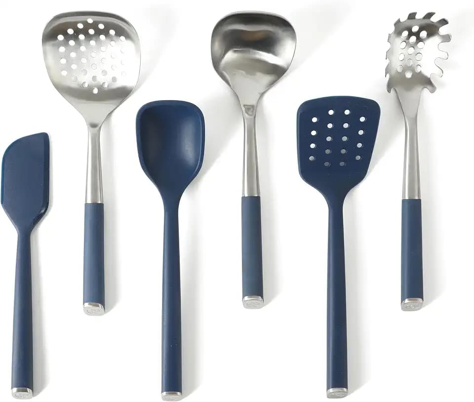 Calphalon Edge 6-Piece Stainless Steel and Silicone Kitchen Tool Set, Kitchen Utensil Set, Scraper, Skimmer, Spoon, Ladle, Turner, Pasta Server, Heat Resistant Nonstick Safe Cooking Utensils (Navy)