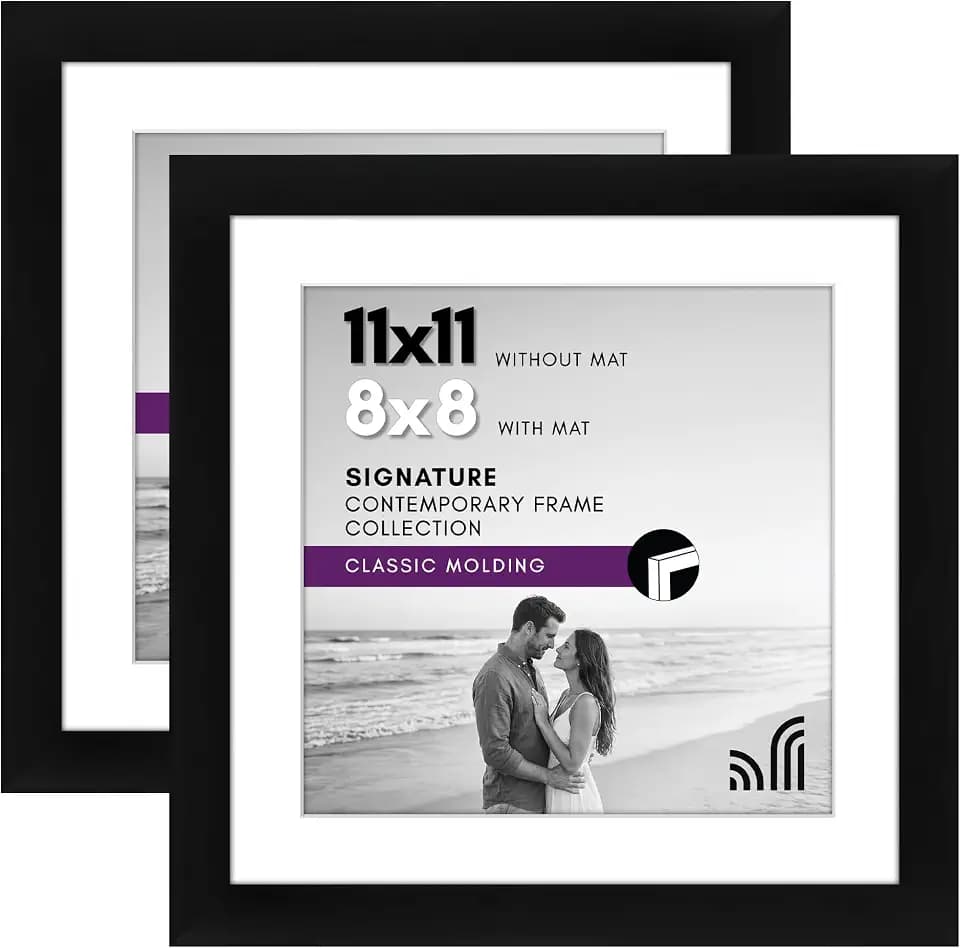 Americanflat 11x11 Picture Frame 2-Pack - Matted to 8x8 - Black