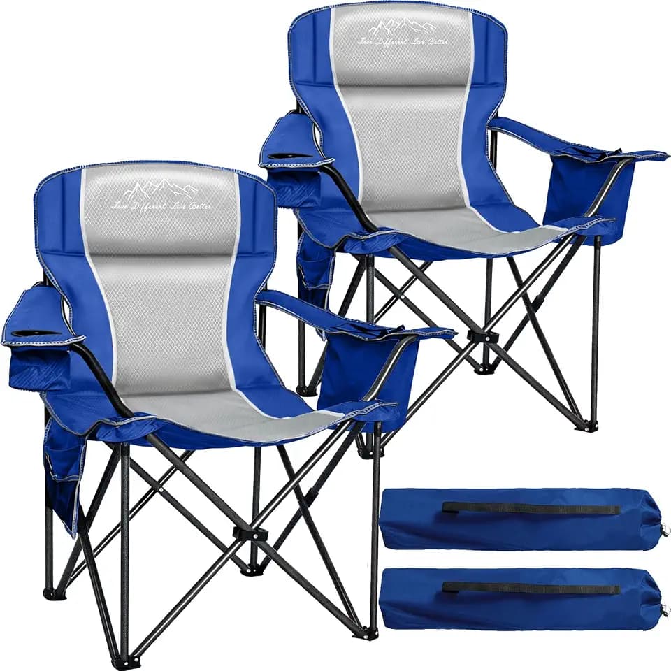 Oversized Camping Chair 500lbs Capacity for Big and Tall, 2 Pack Extra Wide Padded Folding Chair for Heavy People, Heavy Duty Portable Outside Chair with Cooler Bag & Cup Holder, Blue