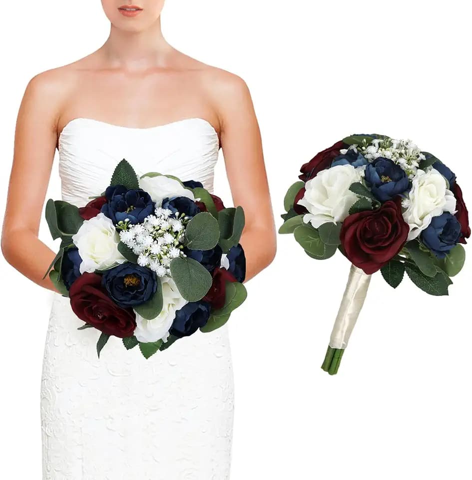 Wedding Bouquets for Bride, 11 Inch Bridesmaids Bouquets Artificial Flower Bouquets for Wedding Ceremony Bridal Shower Decorations - Burgundy & Navy Blue