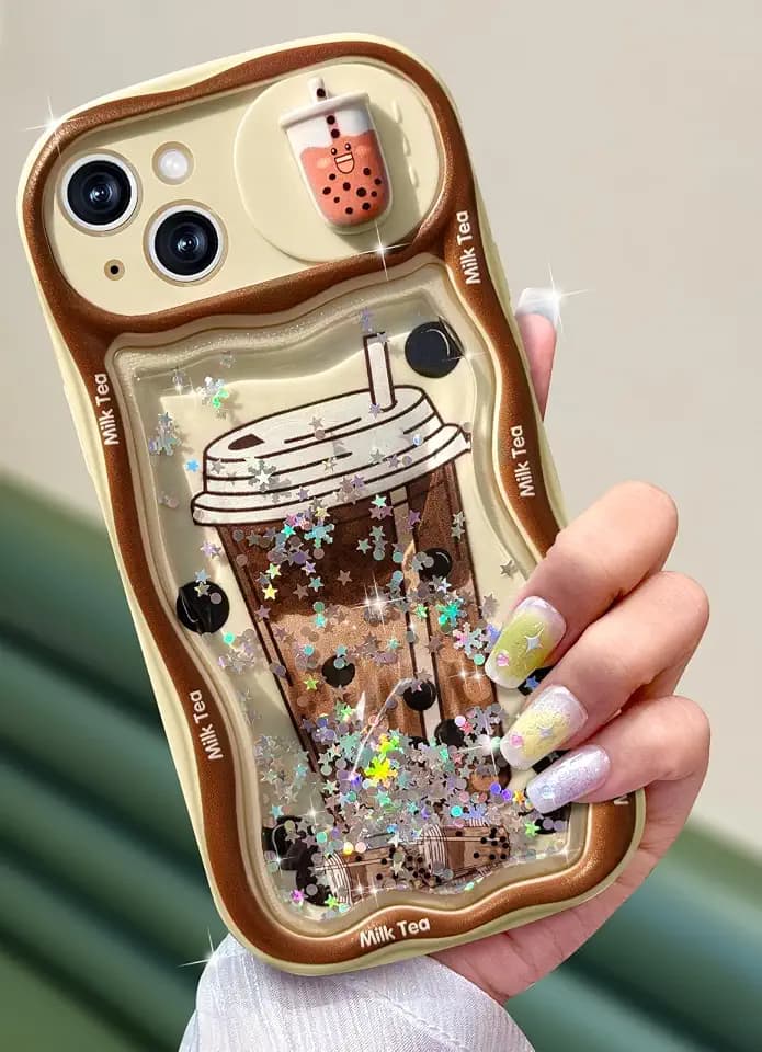 Toycamp for iPhone 15 Plus Case 6.7 Inch - Women Girls Cute Cover Boba Milk Tea with Sliding Camera Cover Girly Bling Glitter Sparkle Design Flowing Liquid Quicksand Phone Case for iPhone 15 Plus