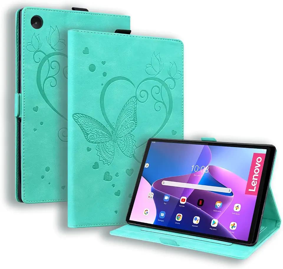Hülle für Lenovo Tab M10 3rd Gen 10.1 Zoll 2022 (TB-328FU/ TB-328XU) PU Leder Schutzhülle mit Standfunktion und Kartensteckplatz/Magnetische Cover Schmetterling Case mit Stifthalter Grün