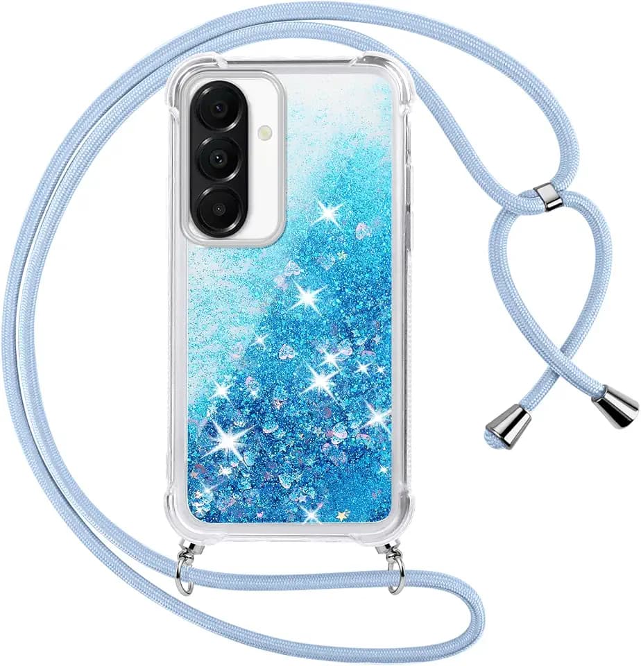 Vauki handyband für Samsung Galaxy A56 Hülle mit Band, Silikon Durchsichtig Transparent Flüssig Glitzer mit Kette Kordel Bumper Treibsand Necklace TPU Schutzhülle Case für Samsung Galaxy A56, Blau