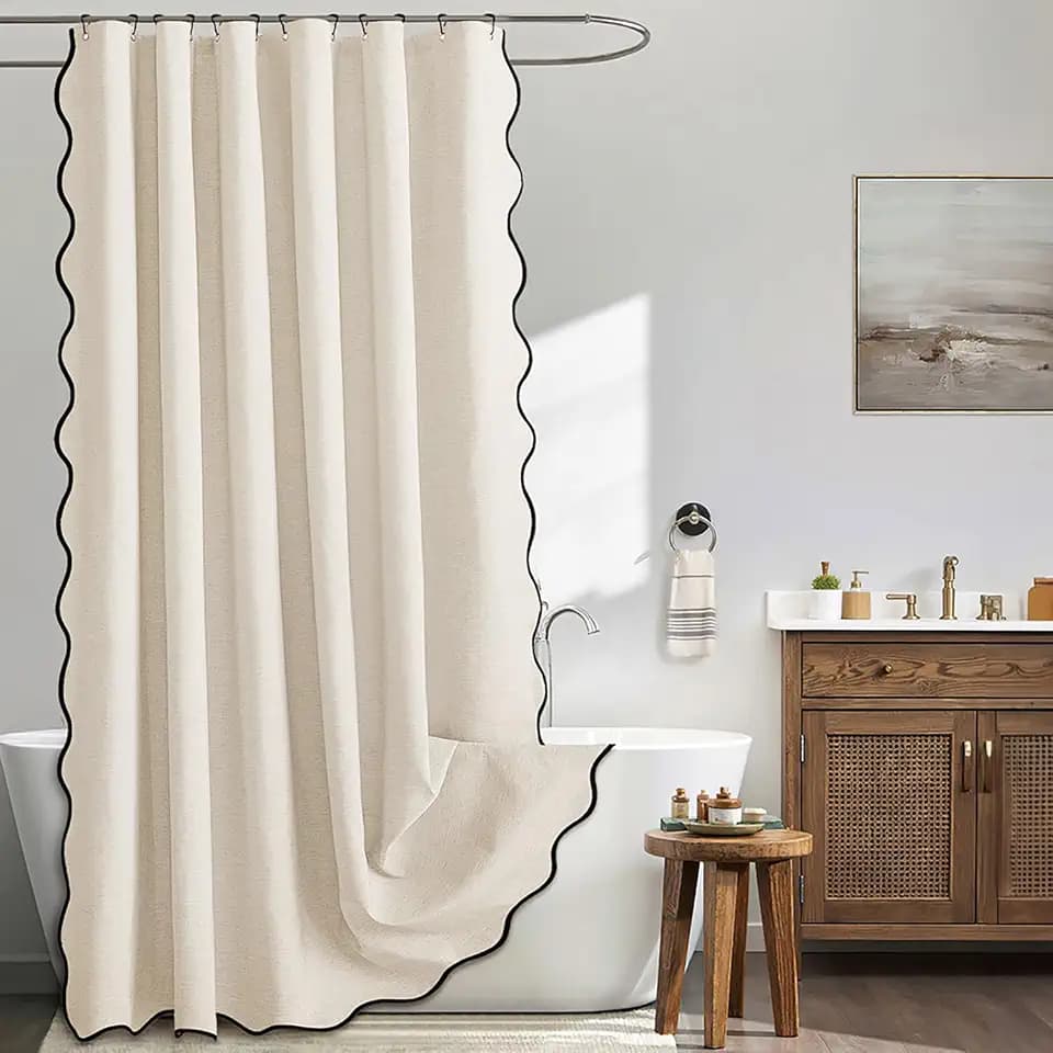 MIULEE Light Cream Scalloped Linen Shower Curtain 72x72 Inches