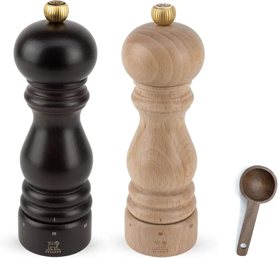 Peugeot Paris u'Select 6 Setting Manual Beechwood Zirlion Salt & Pepper Mill Set With Wooden Spice Scoop Made In France (Chocolate & Natural, 7- Inch)