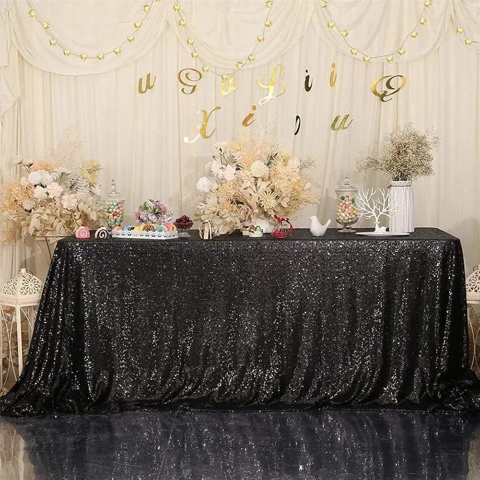 Eternal Beauty Black Tablecloth, 90x156 Inch Sequin Rectangle Table Cover for Cake Dessert Exhibition Party Birthday Events