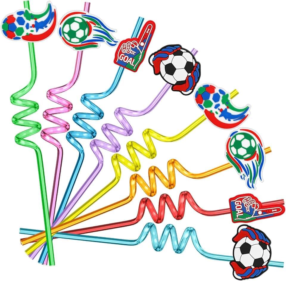 Domensi 24 Pack Soccer Party Straws with Toppers for Sports Party Favors, Soccer Ball Themed Decorations, Fun Reusable Cute Silly Football Themed Plastic Straws for Game Day