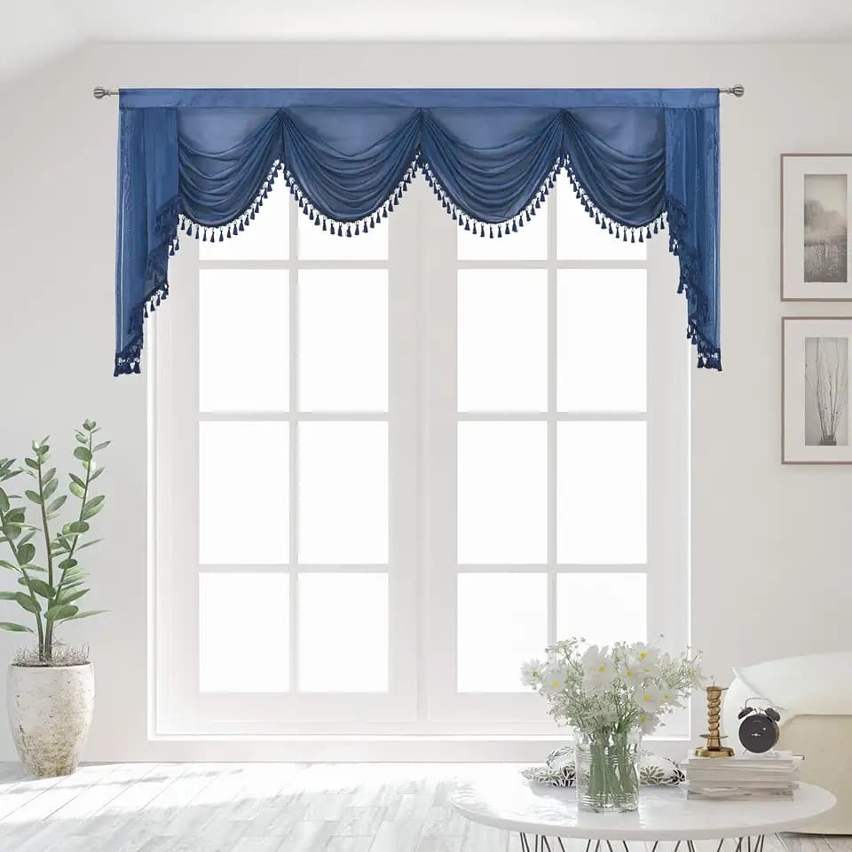 Navy Blue Sheer Window Curtains Valance for Living Room Waterfall Swag Valance Topper Curtains for Bedroom Rod Pocket Valance Curtains (1 Panel, W110 Inch)
