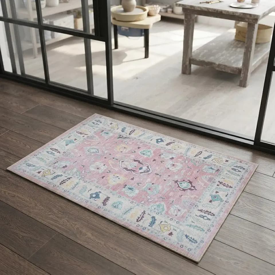 Fame Rugs Pink Modern Oushak Rug 2x3, Vintage Doormat Turkish Colorful Oriental Antique Inspired Washable Small Area Rug, Luxury Living Room Bedroom (385PB, 2' x 3')