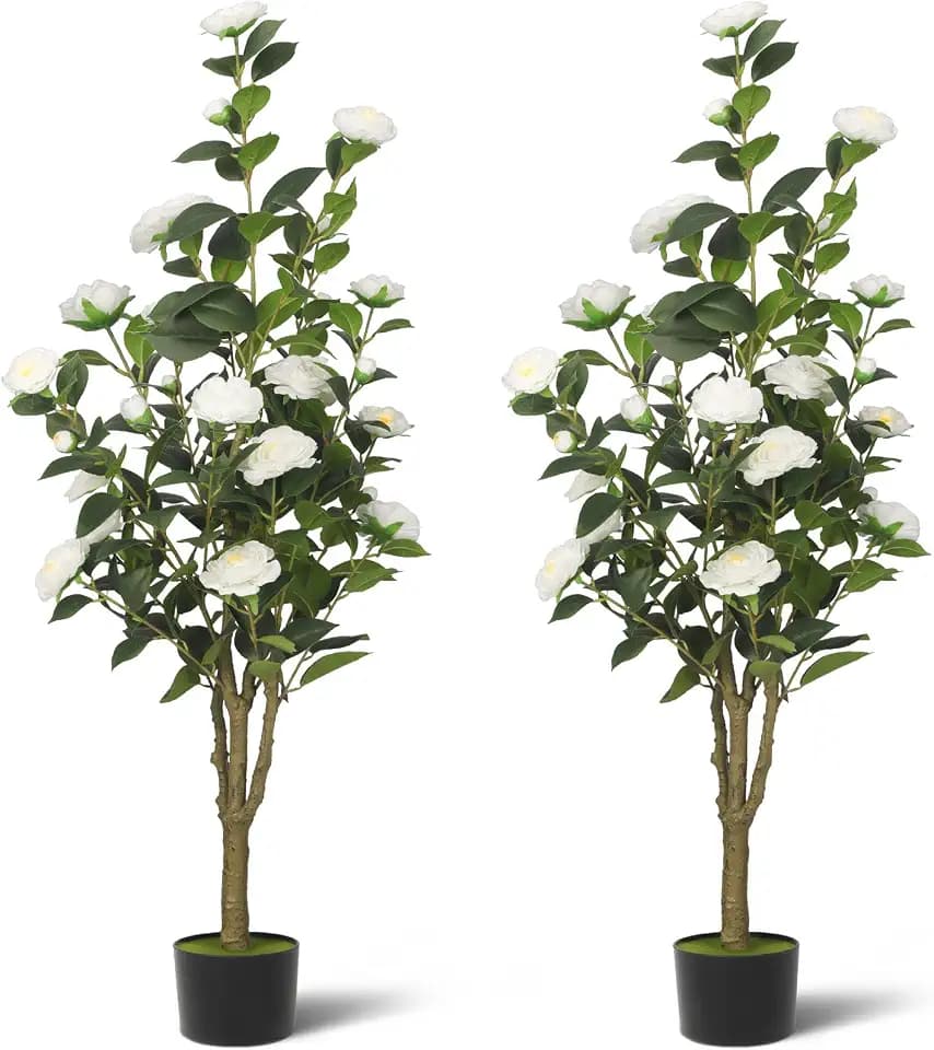 2-Pack 4FT Artificial Camellia Tree,Realistic Fake Potted Plants with Flowers&Planters,Indoor/Outdoor Faux Flowering Trees for Home,Office,Porch,Wedding,and Housewarming Gift Decor,White